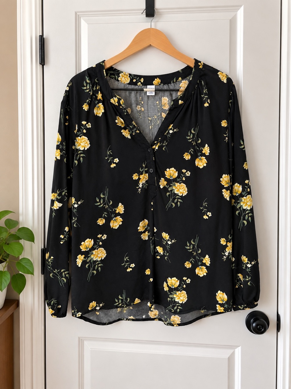 Old Navy Black Blouse with Yellow Floral Print